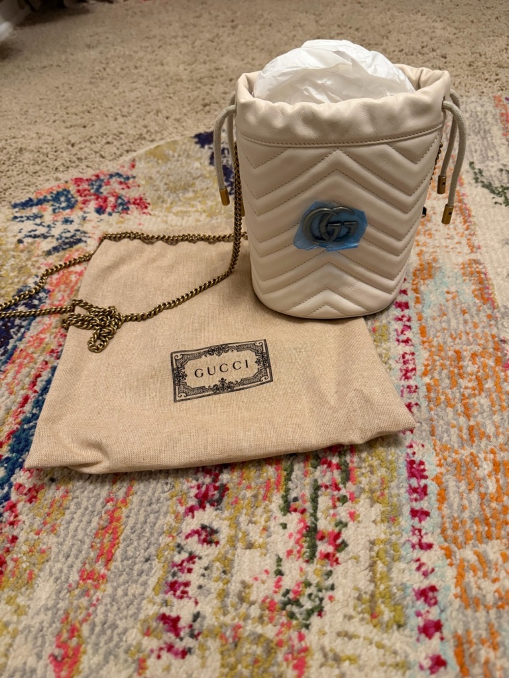 Gucci Small GG Marmont Chevron Bucket Bag in Cream with Gold Hardware - Picture 10 of 11